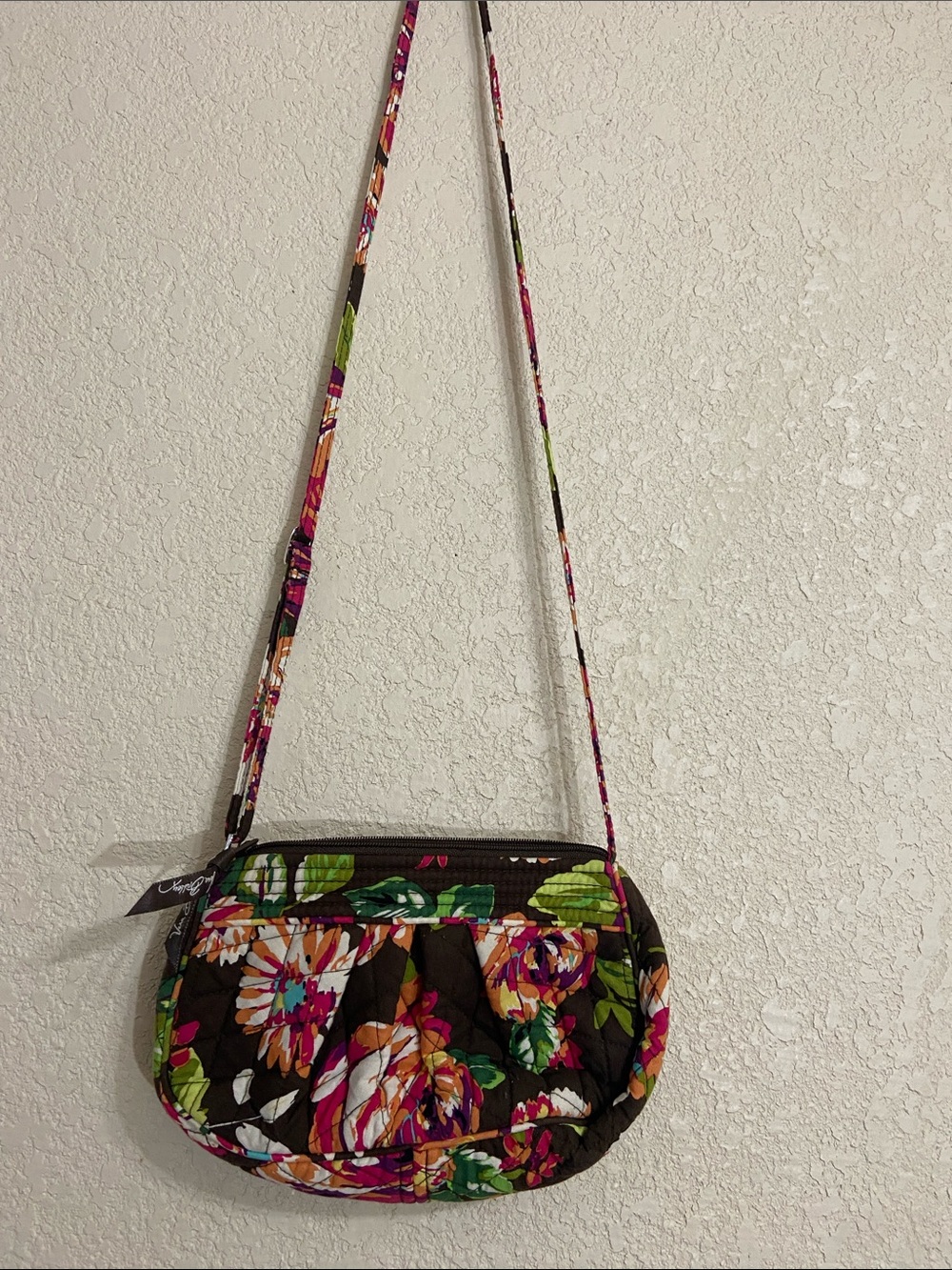 Vera Bradley Brown Floral Quilted Crossbody with Pink & Green Accents